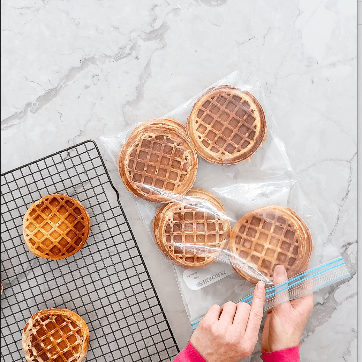 Person storing freshly baked round waffles in a plastic bag on marble counter with cooling rack nearby