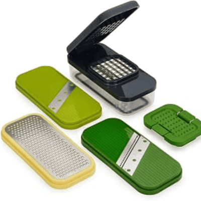 Collection of colorful box graters in lime green, dark green, yellow, and black with various grating surfaces displayed together.