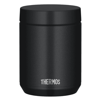 Black Thermos insulated food container with lid on white background