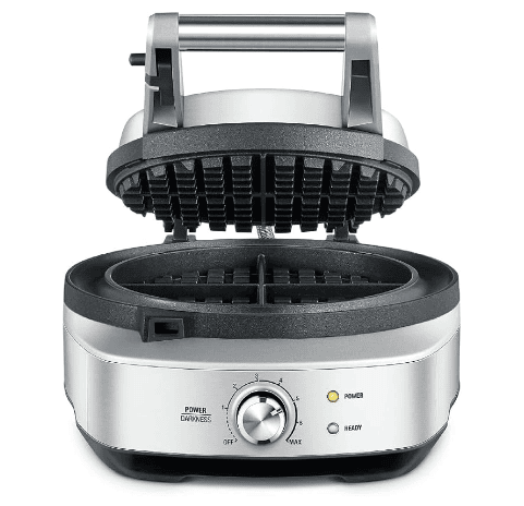 Breville stainless steel waffle maker with open lid showing non-stick cooking plates and browning control dial